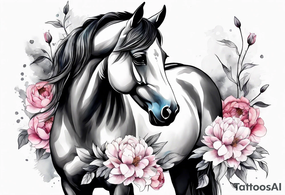 Watercolor horse with delicate peonies. tattoo idea