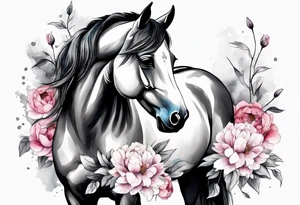 Watercolor horse with delicate peonies. tattoo idea