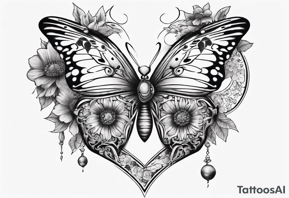 Butterfly wrap tattoos in heart with large centre piece with moon and floral theme. Bracelet around ankle show on higher ankle tattoo idea