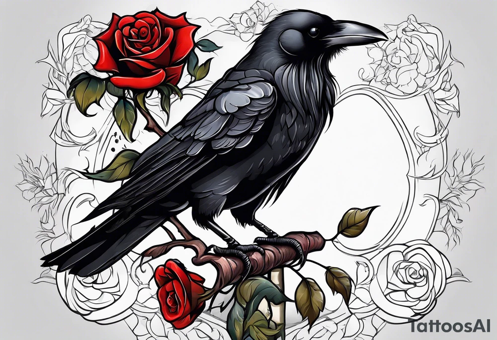 Crow standing holding a red rose tattoo idea