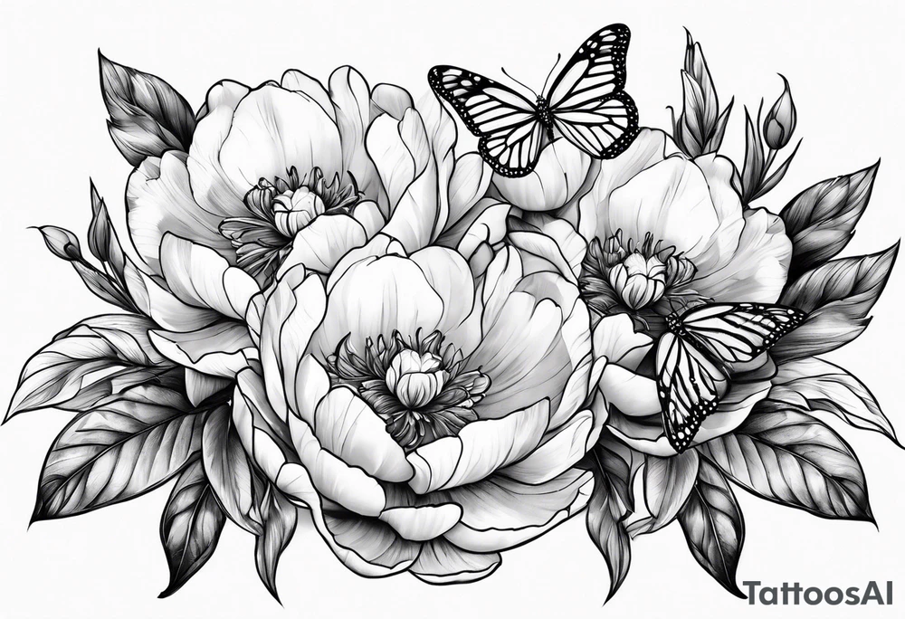 3 peonies with butterfly tattoo idea