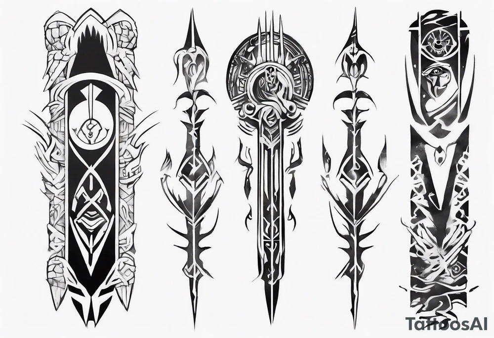 a neotribal spine tattoo that recreates the scene from the movie atlantis of kida floating up to the ancestral stones tattoo idea