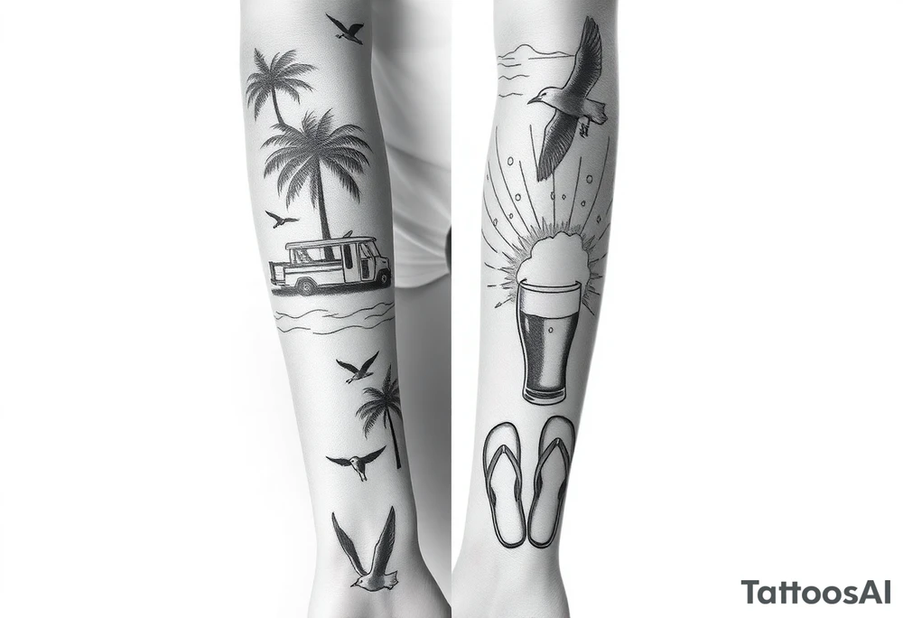 full arm sleeve with individual tattoos that include palm trees, boats, golf cart, seagulls, sea life, a beer, flips flops tattoo idea