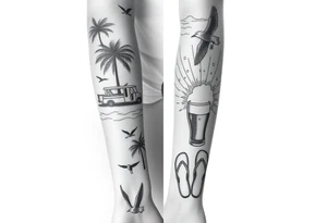 full arm sleeve with individual tattoos that include palm trees, boats, golf cart, seagulls, sea life, a beer, flips flops tattoo idea