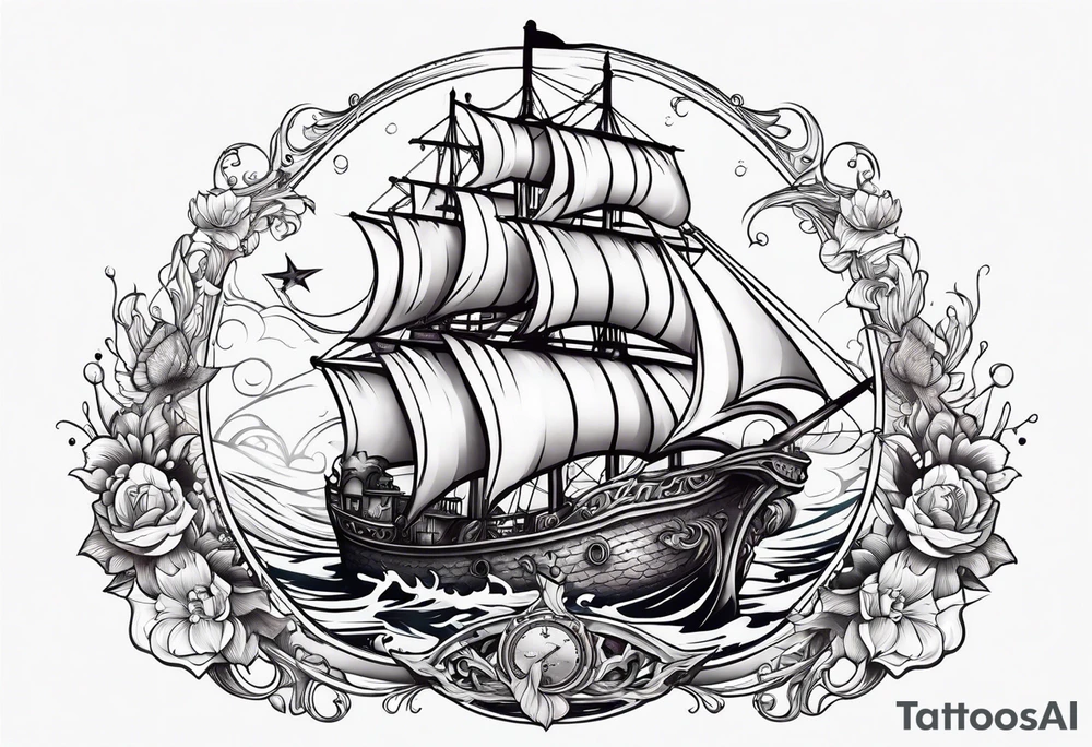 mermaid with galleon ship tattoo idea