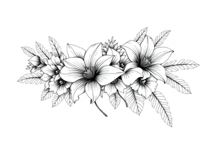 floral composition for sleeve of lycoris flowers with japanese vibe, mutiple ornemental patern and leaf, dot geometric ornement, tattoo idea