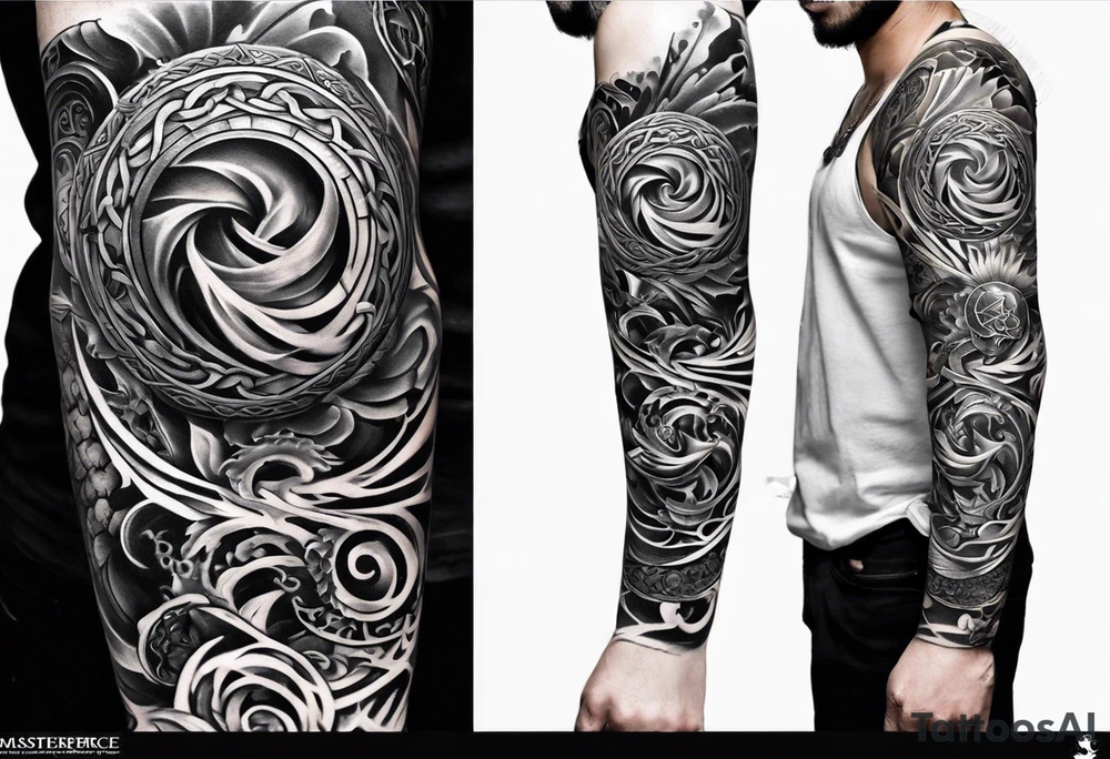arm sleeve tattoo split into 3 different areas spiraling down the arm. the first area being Based on japanese Mythology. The 2nd one being based on Hindu mythology and the 3rd one being based on celtic mythology tattoo idea