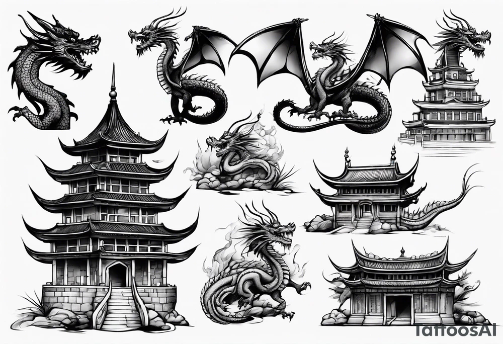 oriental castle with a dragon tattoo idea