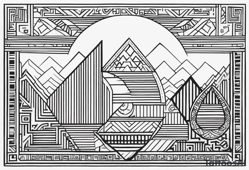 Create a tattoo design in a linear geometric art style depicting images associated with Peru, such as Machu Picchu, llamas or traditional textile patterns. The tattoo should be done in a monochromatic black and white color scheme with clear outlines and minimal details to create an elegant and modern composition. tattoo idea