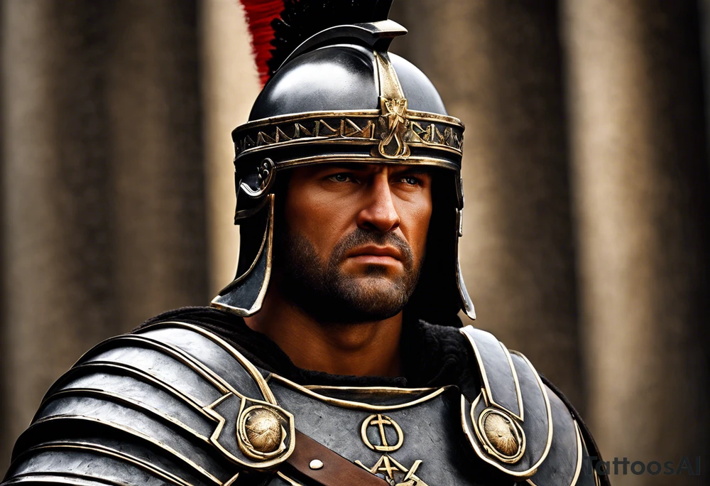 roman soldier from AD 60, wearing the armor of God which is described like this: "Finally, be strong in the Lord and in the strength of his might. Put on the whole armor of God, so that you may be able to stand against the wiles of the devil. For our struggle is not against enemies of blood and flesh, but against the rulers, against the authorities, against the cosmic powers of this present darkness, against the spiritual forces of evil in the heavenly places. Therefore take up the whole armor of God, that you may be able to withstand in the evil day, and having done everything, to stand firm. Stand therefore, having girded your loins with truth, and having put on the breastplate of righteousness, and having shod your feet with the readiness which comes from the gospel of peace. In all circumstances take up the shield of faith, with which you can quench all the flaming darts of the evil one. And take the helmet of salvation, and the sword of the Spirit, which is the word of God." All elements of the armor need to be shown in the image. Full body. tattoo idea