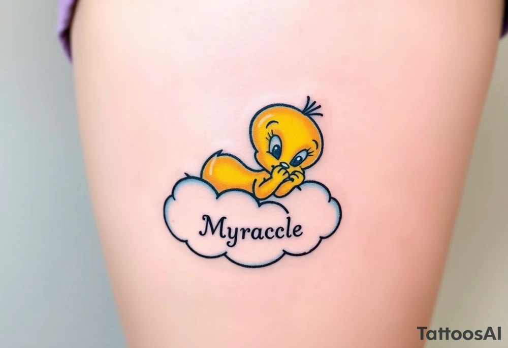 Tweety Bird laying on a cloud with his head in his hands looking up. Under the cloud in small capital letters is the name Myracle Blessing tattoo idea