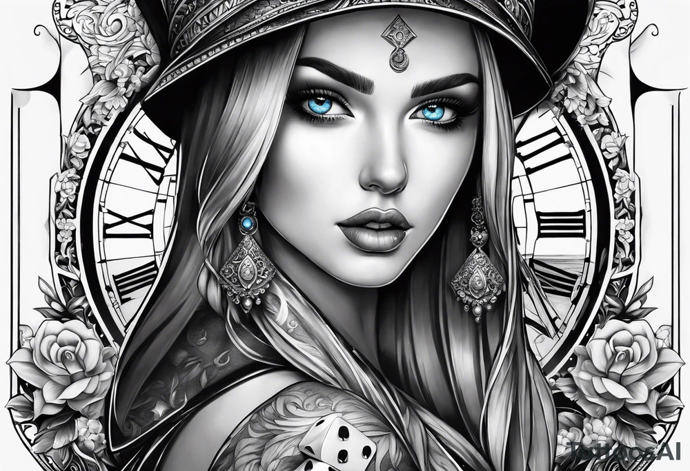 hourglass, blue-eyed girl, dice tattoo idea