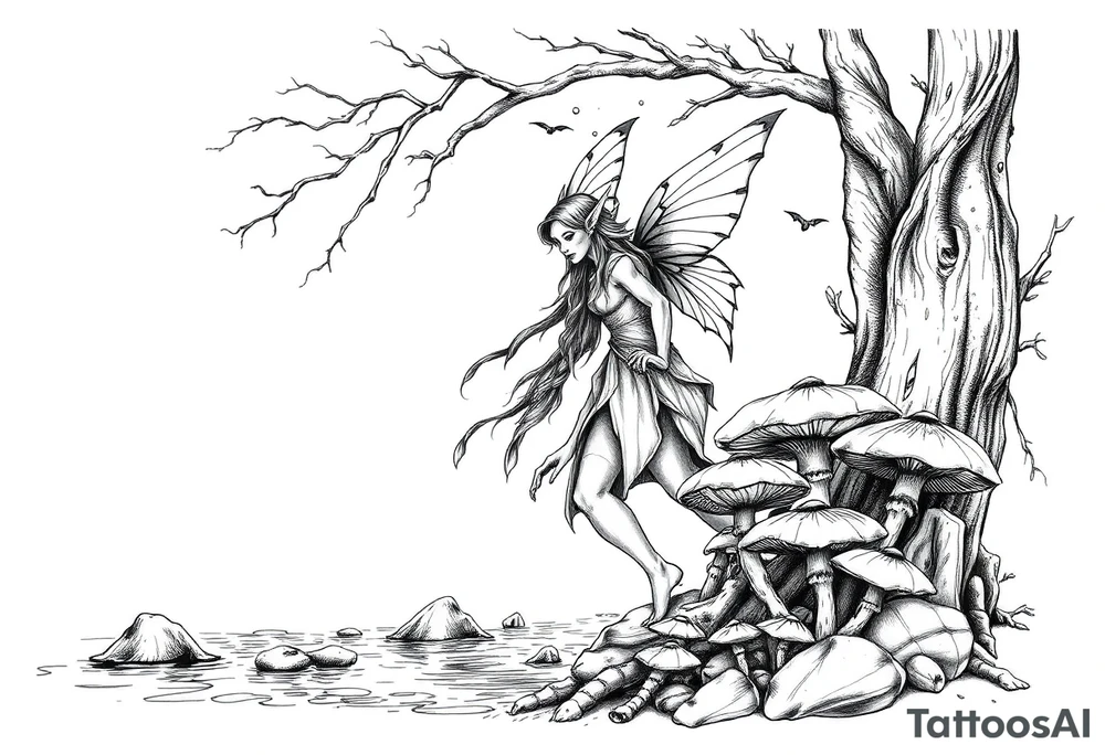 Elf with forest and mushrooms and water long tattoo tattoo idea