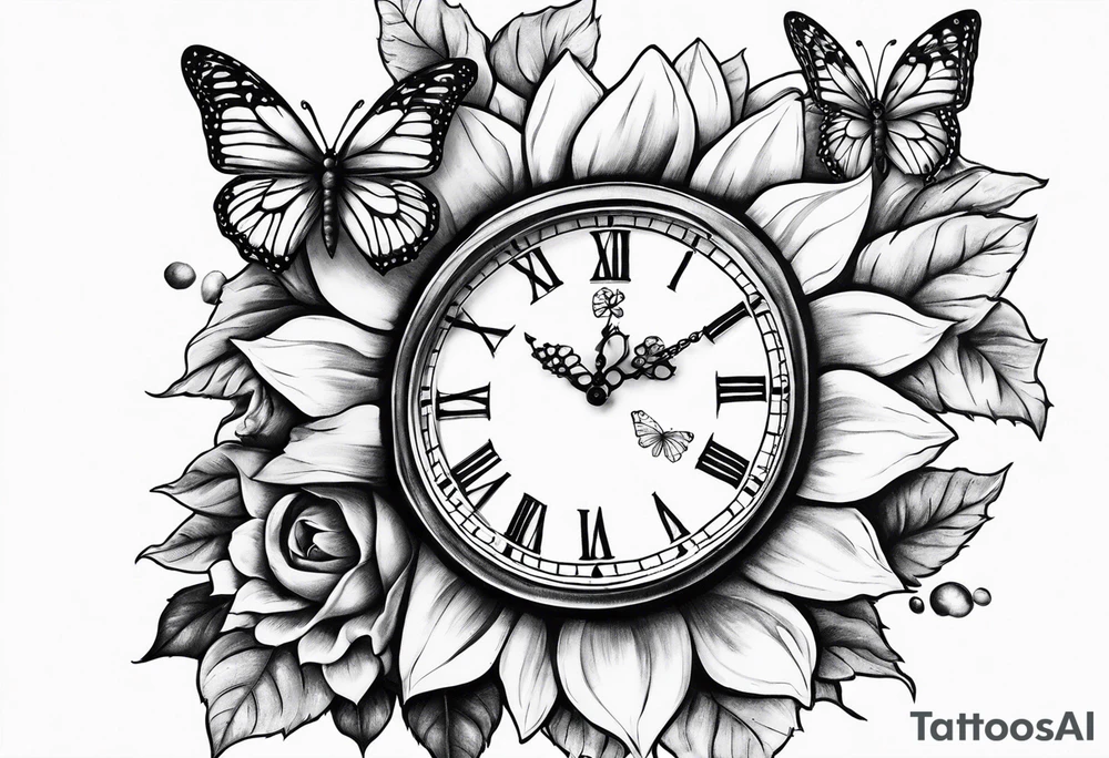 Sleeve with clock, sunflower and butterflies tattoo idea