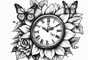 Sleeve with clock, sunflower and butterflies tattoo idea