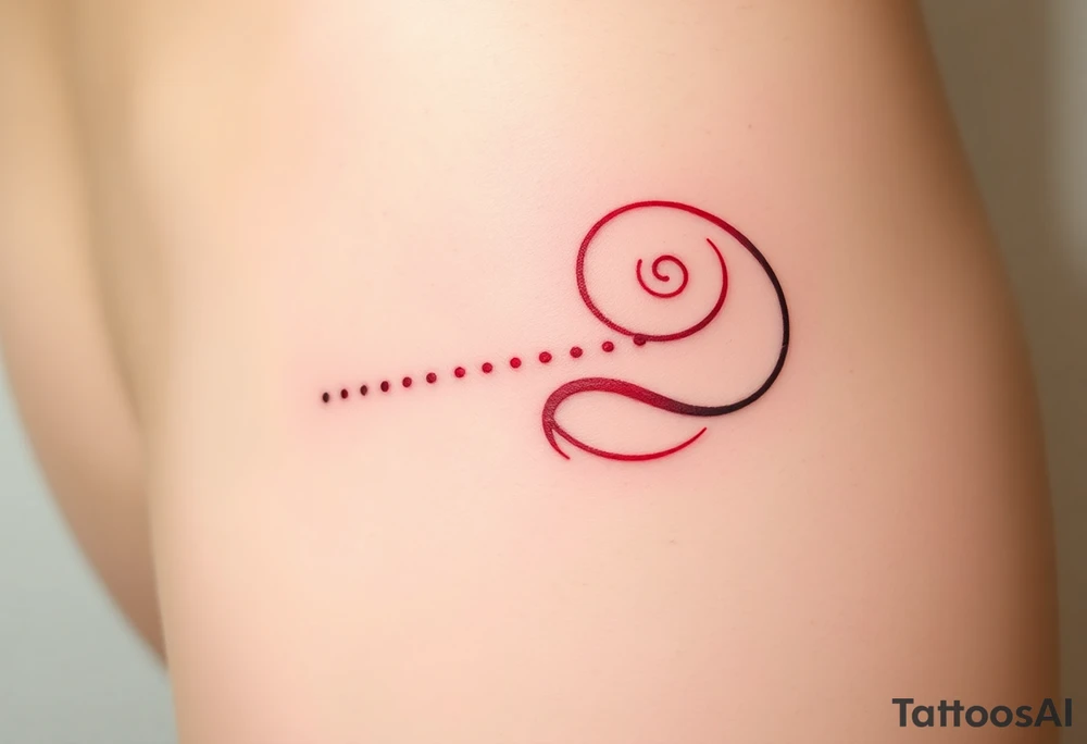 the text, “-... .-. .- . .- .-.. ....... -.. .- .-- --- --- -.. .......” in the shape of a swirl in red ink on female hip bone on the right side tattoo idea