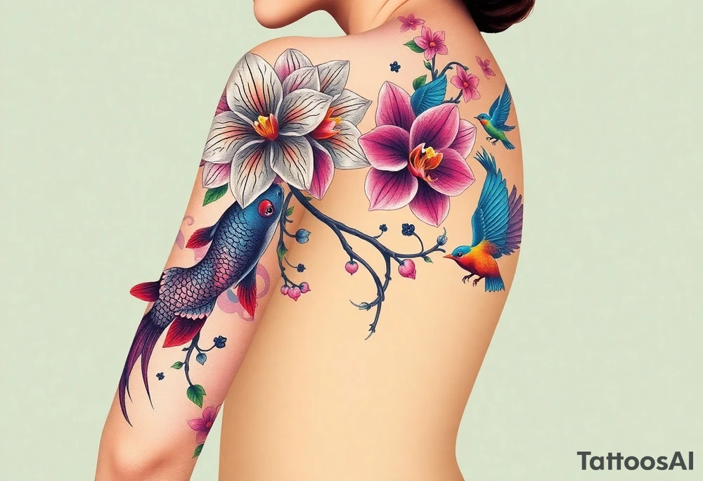 orchid flower ,  Coi fish and colorful birds tattoo idea