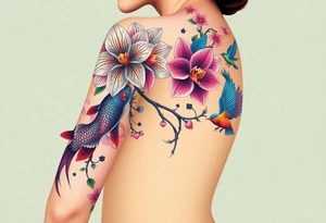 orchid flower ,  Coi fish and colorful birds tattoo idea