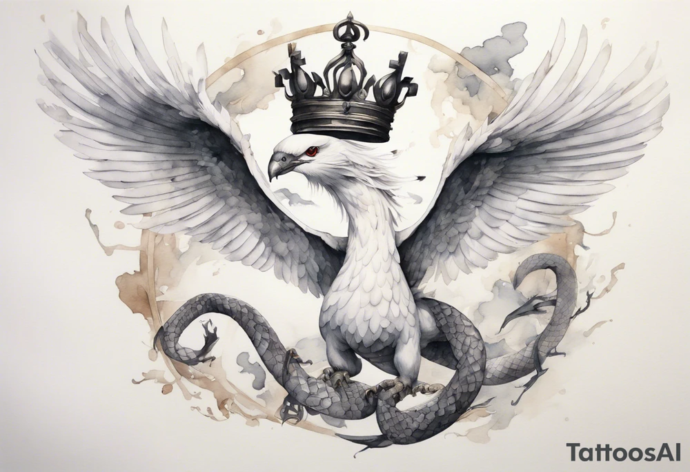 a watercolor of a white bird-serpent hybrid wearing an iron crown, flying tattoo idea