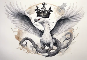 a watercolor of a white bird-serpent hybrid wearing an iron crown, flying tattoo idea