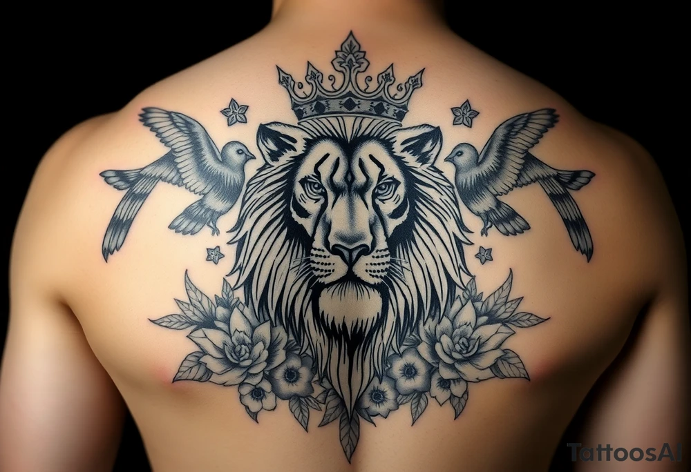 powerful majestic lion with a crown, surrounded by floral ornaments and birds tattoo idea