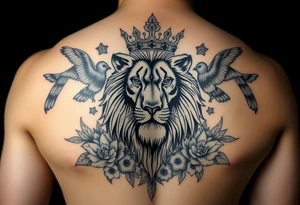 powerful majestic lion with a crown, surrounded by floral ornaments and birds tattoo idea