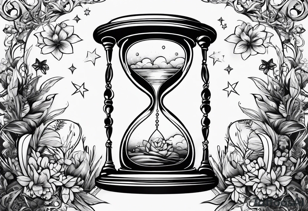 hourglass with vegetation, stars and hydrogen atoms tattoo idea