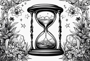 hourglass with vegetation, stars and hydrogen atoms tattoo idea