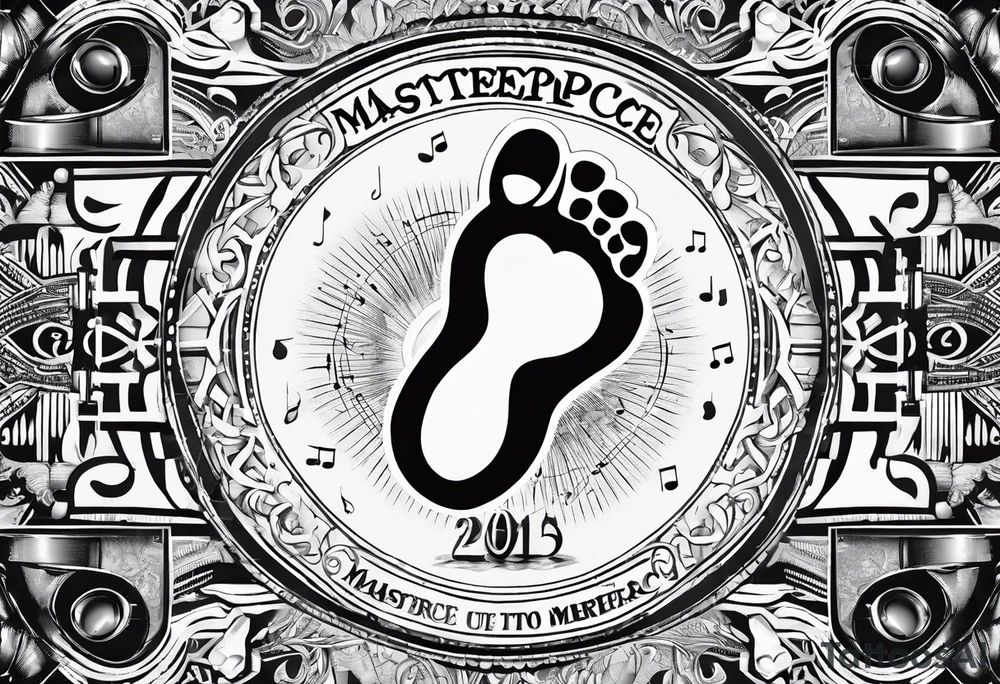 Baby footprint with child's birth information surrounded by music related iconograohy tattoo idea