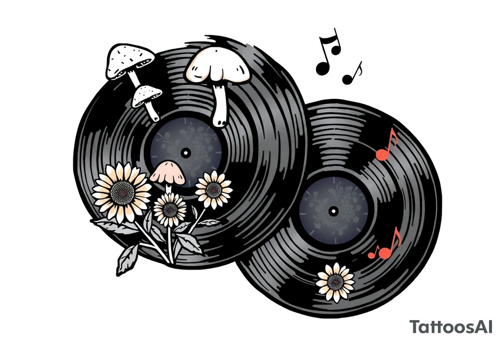two overlapping vinyl records with mushrooms, sunflowers, and music notes tattoo idea