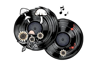 two overlapping vinyl records with mushrooms, sunflowers, and music notes tattoo idea