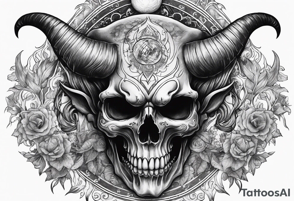 Devil skull  with hollow eyes and  horns holding the earth tattoo idea