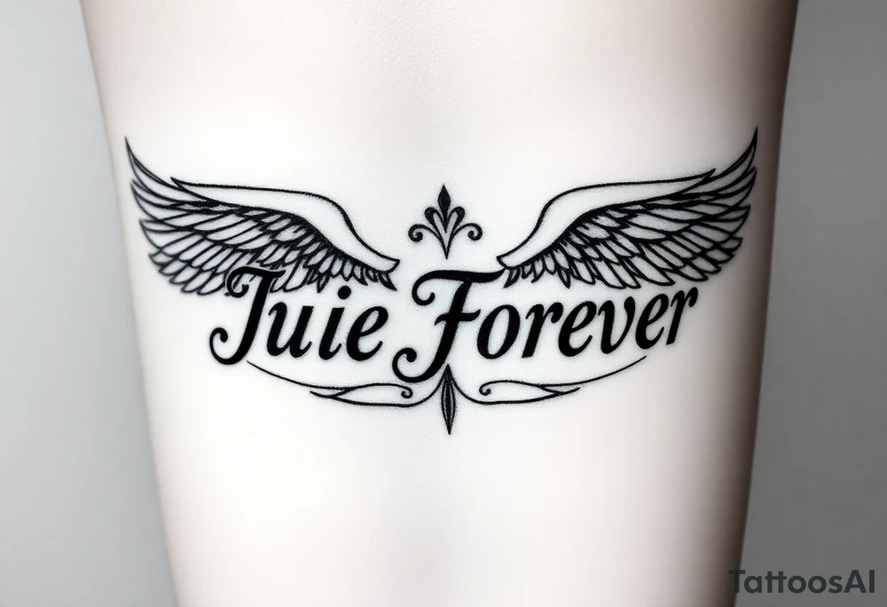 The name Julie Forever spelling in an angelic font and style. Tattoo will be placed on bottom leg. tattoo idea