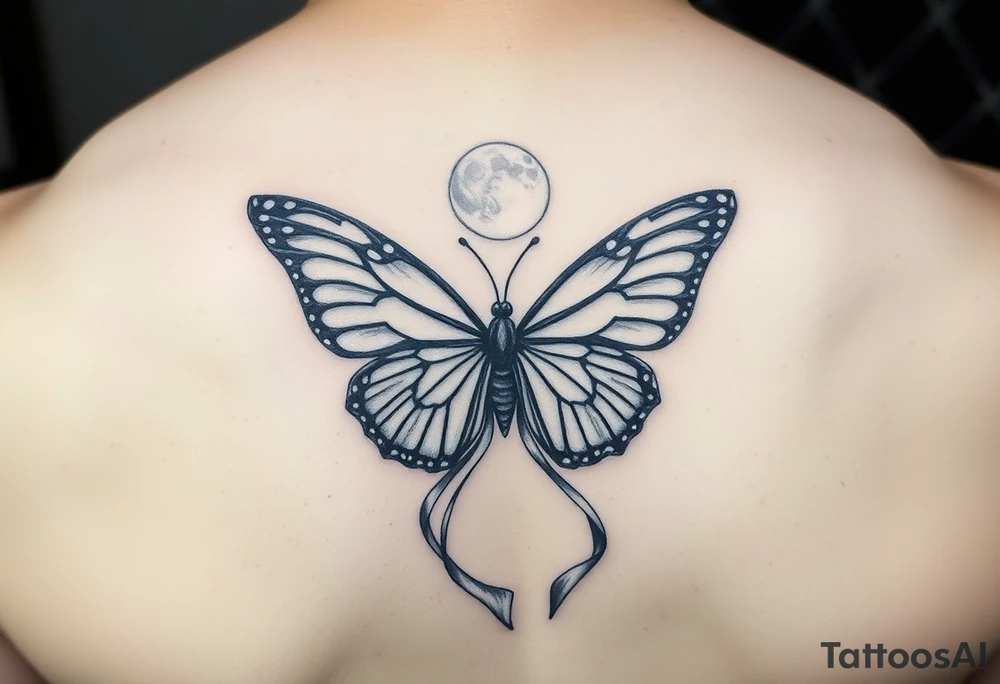 ethereal butterfly with flowing silk ribbons in moonlight tattoo idea