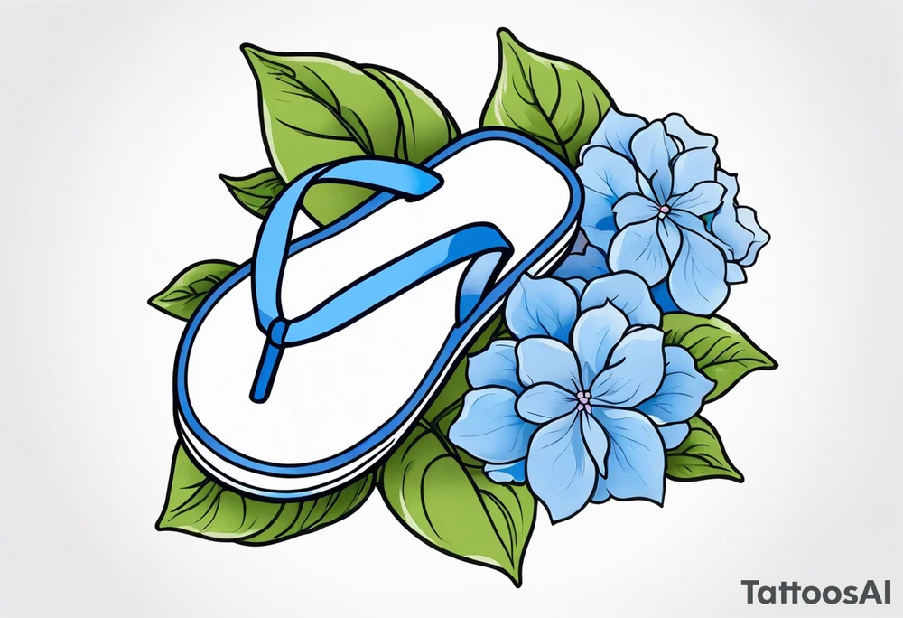 small tattoo of a pastel blue flip flop surrounded by blue and periwinkle hydrangea flowers with green leaves tattoo idea