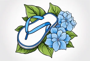 small tattoo of a pastel blue flip flop surrounded by blue and periwinkle hydrangea flowers with green leaves tattoo idea