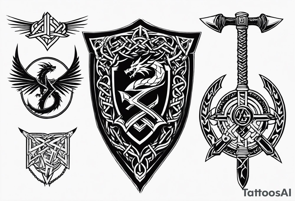 Valhalla sword shield dragon axe Valknut barbed wire chains tattoo idea Valhalla sword shield dragon axe Valknut barbed wire chains tattoo idea