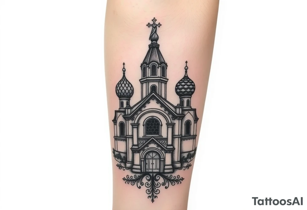 in a dorsal view a detailed medium sized country style russian orthodox church with onion domes and a band at the front with mist shrouding the top and fading into a virgin mary overlooking above at the top tattoo idea