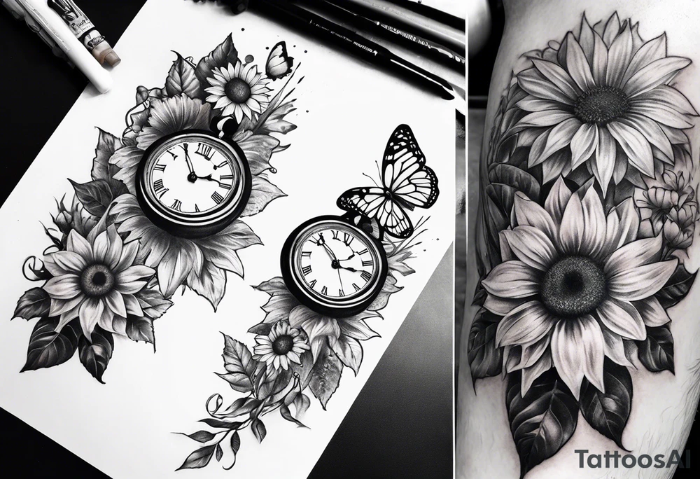 Sleeve with clock, sunflower and butterfly tattoo idea