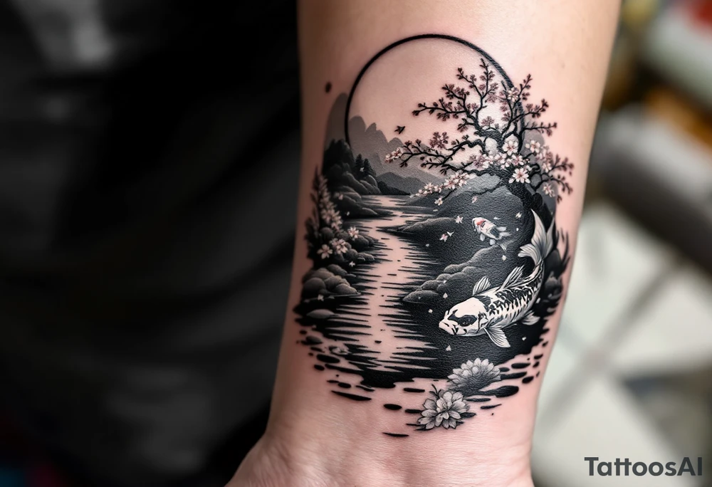 koi fish swimming up stream a pond moonlight by a blood moon with a sakura tree by the pond and its leaves are falling tattoo idea