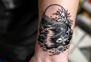 koi fish swimming up stream a pond moonlight by a blood moon with a sakura tree by the pond and its leaves are falling tattoo idea