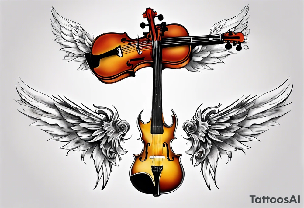 GUITAR LEANING AGAINST A VIOLIN WITH WINGS tattoo idea