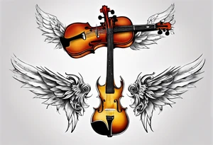 GUITAR LEANING AGAINST A VIOLIN WITH WINGS tattoo idea