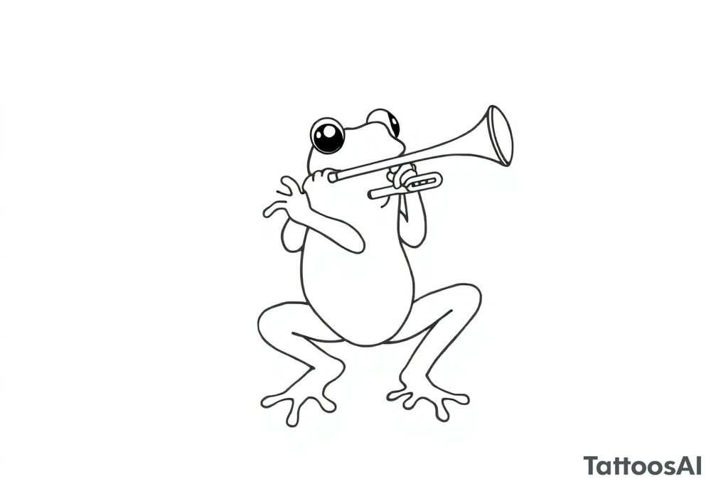 Draw a single continuous line drawing of a frog playing a trumpet, where the entire image is created using only one unbroken black line, with no lifting of the pen and no separate lines. The line must flow smoothly and clearly form the frog and trumpet , minimalist style. The frog should be , in a jazzy or playful pose, holding and playing the trumpet. No shading, no extra strokes, no background — just one elegant, fluid, uninterrupted line on a white canvas. tattoo idea