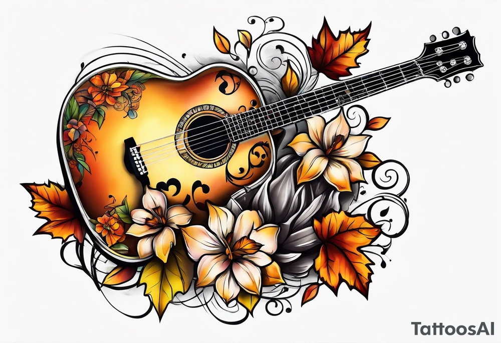 thigh tattoo with fall colors music symbols and a guitar tattoo idea