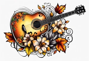 thigh tattoo with fall colors music symbols and a guitar tattoo idea