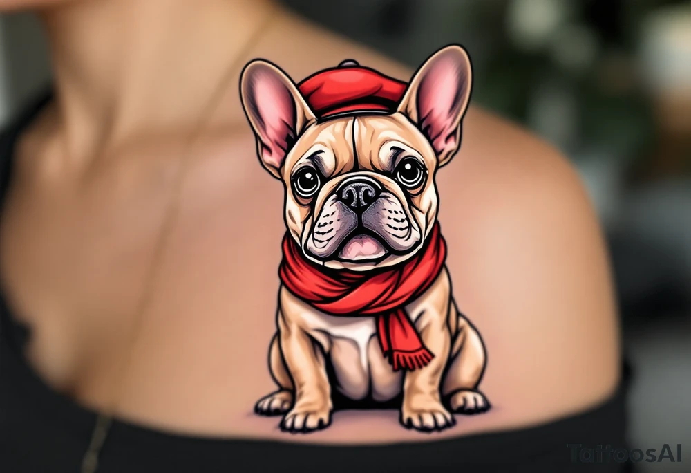 French Bulldog wearing a beret and red scarf, sitting proudly like a Parisian icon, with fawn-colored fur and a cheeky expression. tattoo idea