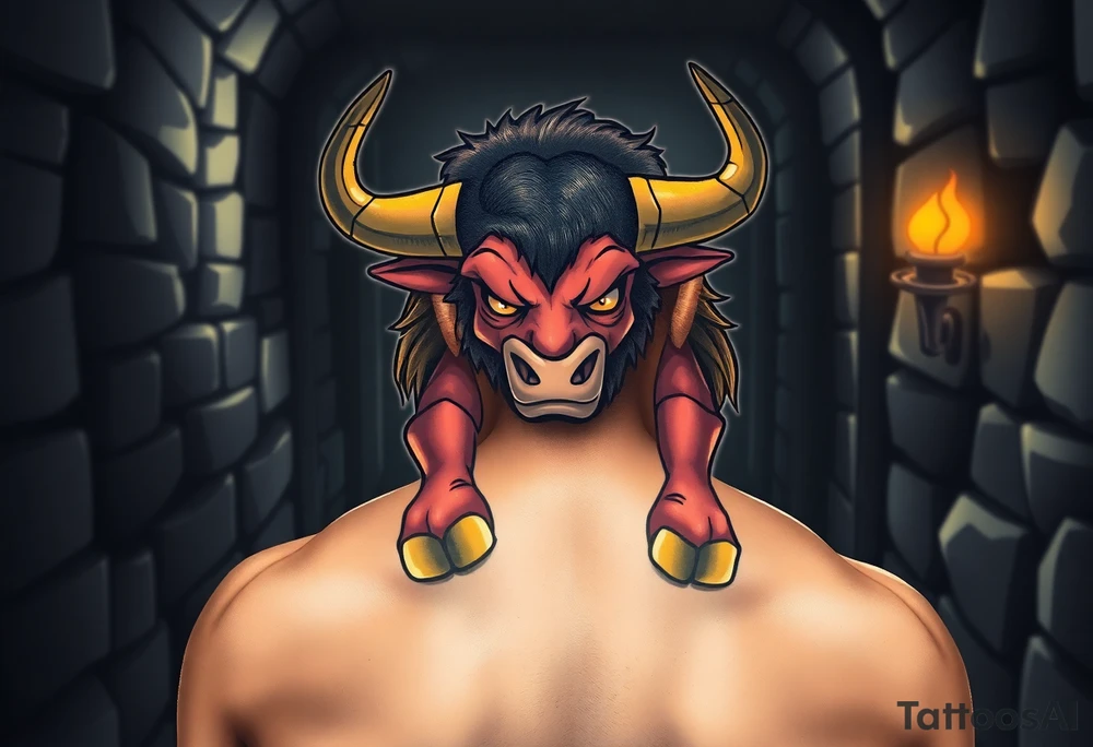 A mighty Minotaur in a shadowy labyrinth, its massive frame glowing with a bronze sheen under flickering torchlight tattoo idea