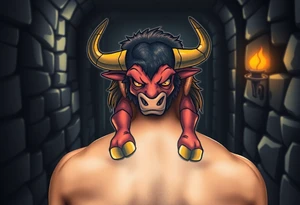 A mighty Minotaur in a shadowy labyrinth, its massive frame glowing with a bronze sheen under flickering torchlight tattoo idea