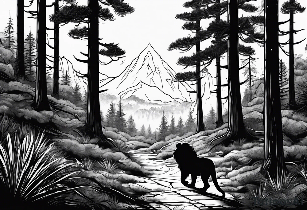 realistic dark pine forest where a small lion is walking into it.  Spiritual component tattoo idea